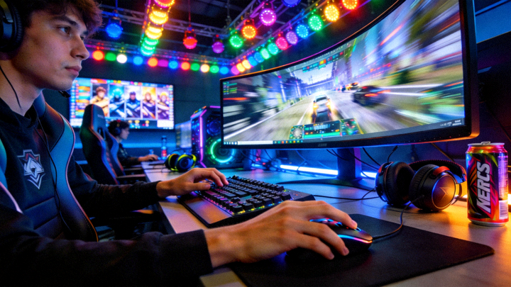 电竞比赛现场：选手专注操作键盘鼠标